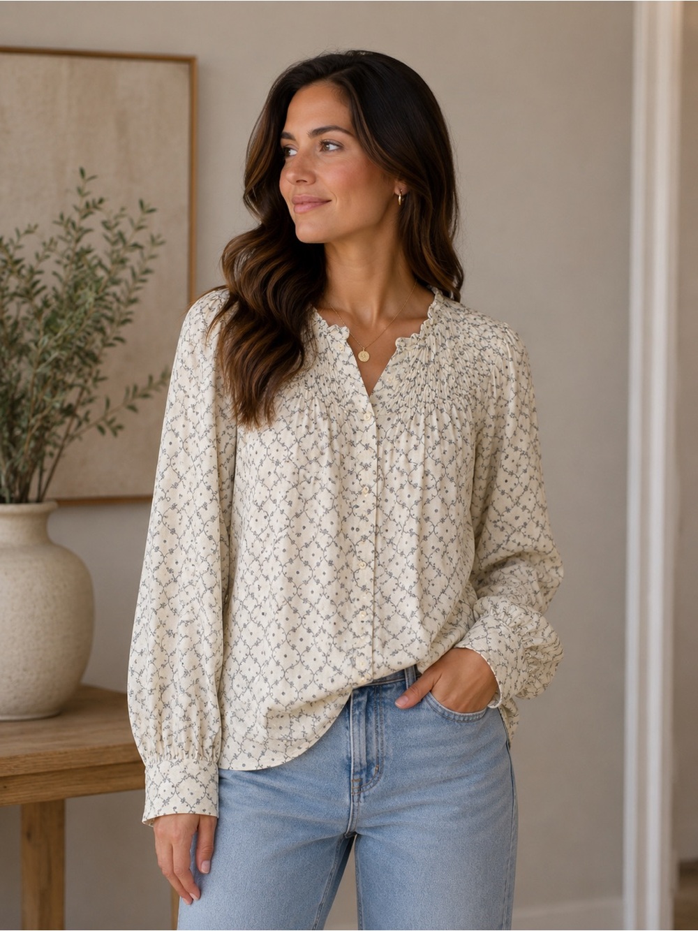 La Vie by Rebecca Taylor blue Cream Printed Smocked Yoke Blouse NWT